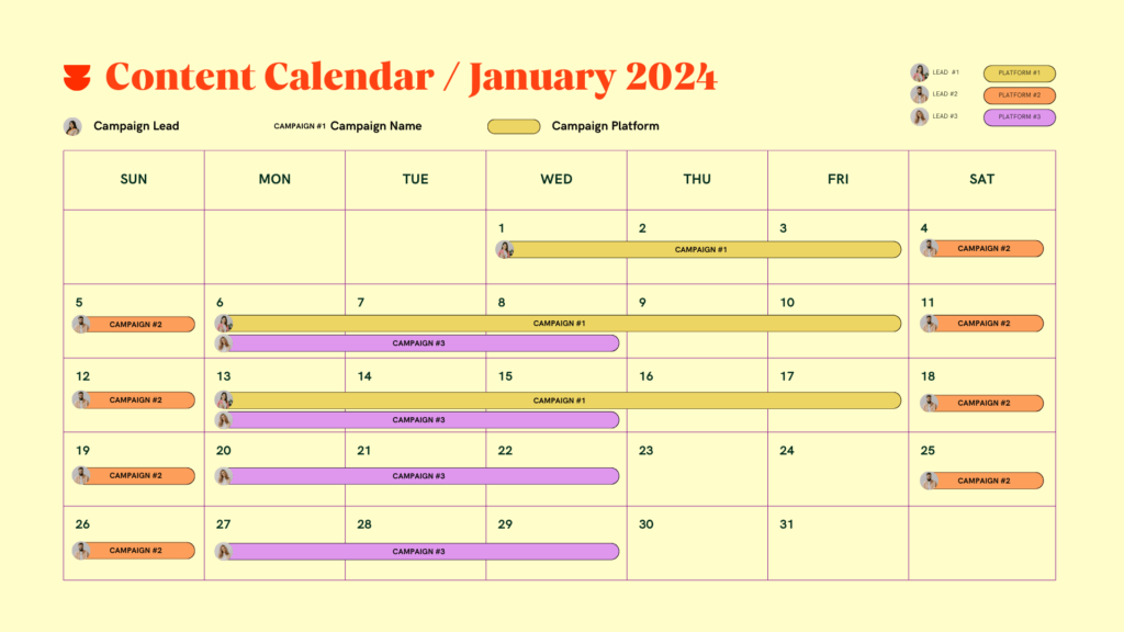 Example of content calendar for the month